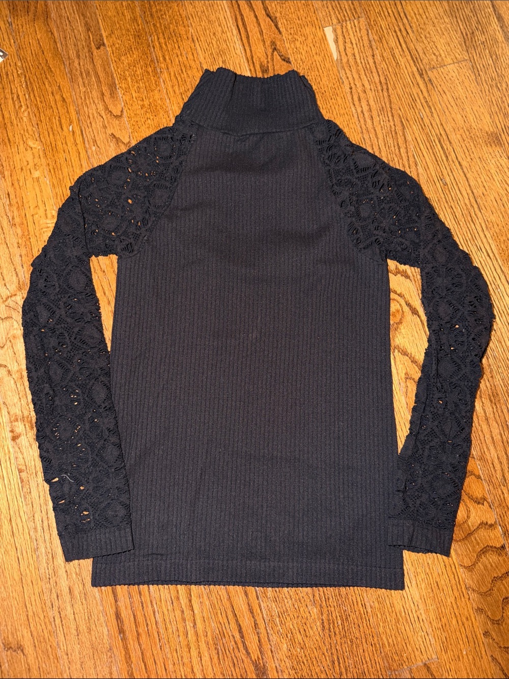 Free People Black Ribbed Turtleneck with Lace Crochet Sleeves